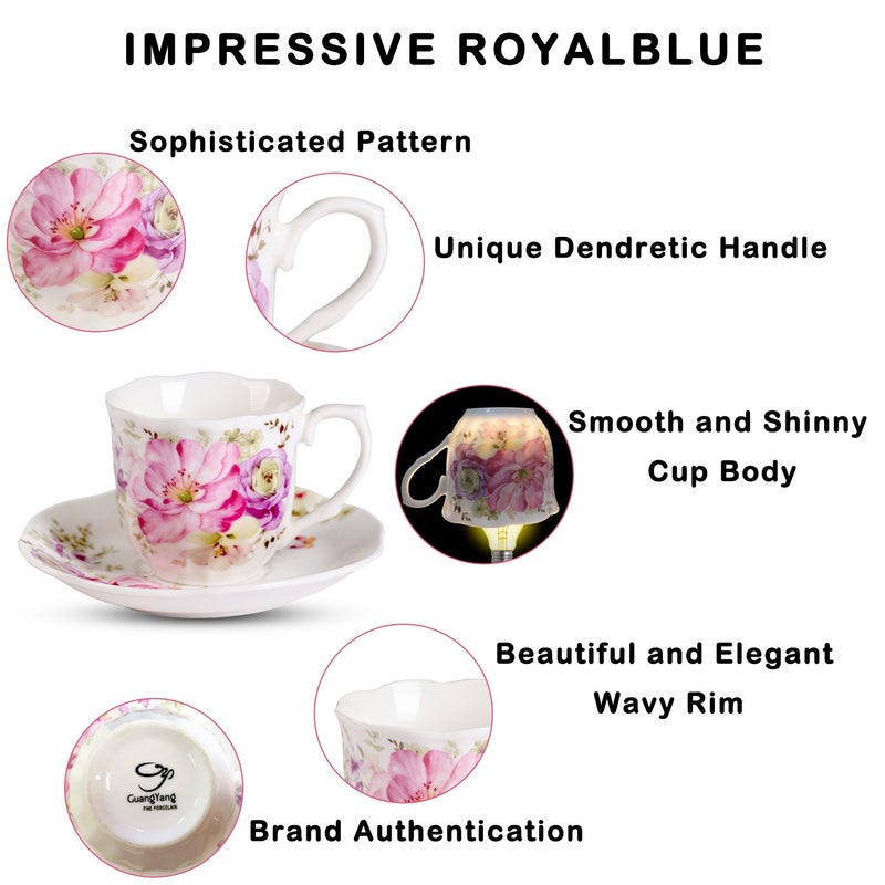 GuangYang 12 Pieces (Tiny Style) Espresso Cups and Saucersï¼Œ2.5 ounce/80mlï¼ŒSet of 6,Mini Premium Porcelain Coffee Cup Set, Fancy Flower Pattern Design - Image 5